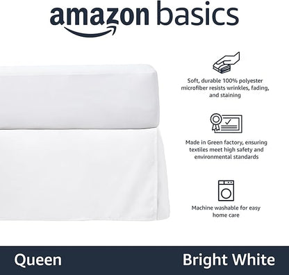 Amazon Basics Lightweight Pleated Wrinkle Resistant Fade Resistant Bed Skirt, Machine Washable, 16-Inch Drop, Queen, Bright White