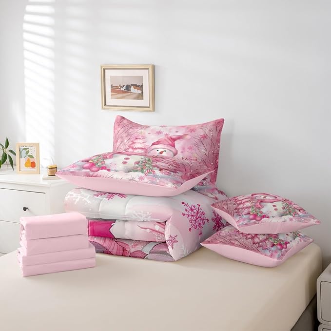 Castle Fairy Kawaii Snowman 7 Pieces Comforter Sets Full,Dreamy Pink Christmas Trees Bedding Set for Kids Girls Bedroom Decor,Cute Winter Snowflake Bed in a Bag with Comforter,Sheets and Pillow Cases