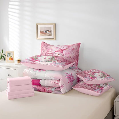 Castle Fairy Kawaii Snowman 7 Pieces Comforter Sets King,Dreamy Pink Christmas Trees Bedding Set for Kids Girls Bedroom Decor,Cute Winter Snowflake Bed in a Bag with Comforter,Sheets and Pillow Cases