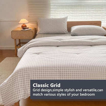 NSNLGSGC Queen Comforter Set, Light Gray Gingham Bedding Comforter Sets, Gary Grid Bed Comforter 3 Pieces (1 Comforter, 2 Pillowcases)