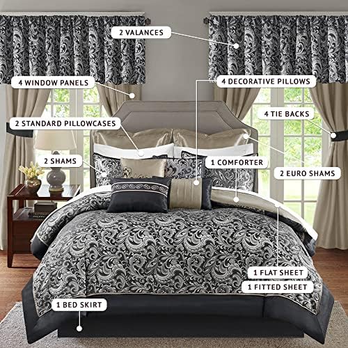 Madison Park Essentials Brystol 24 Piece Room in a Bag Faux Silk Comforter Jacquard Paisley Design Matching Curtains Down Alternative All Season Bedding-Set, Cal King(104 in x 92 in), Black 24 Piece