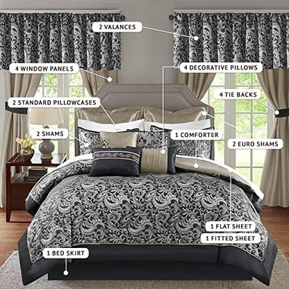 Madison Park Essentials Brystol 24 Piece Room in a Bag Faux Silk Comforter Jacquard Paisley Design Matching Curtains Down Alternative All Season Bedding-Set, Cal King(104 in x 92 in), Black 24 Piece