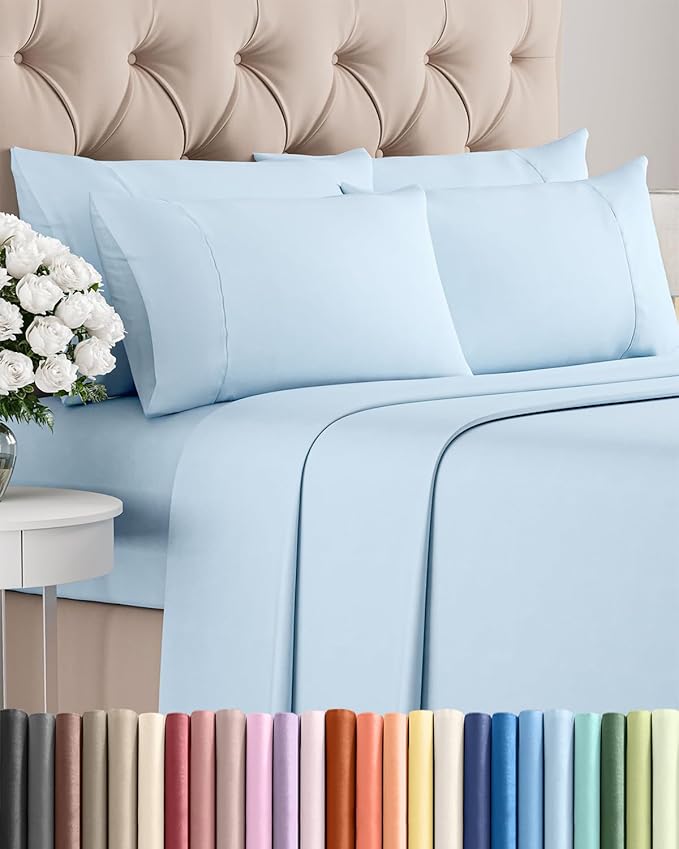 Full 6 Piece Sheet Set - Comfy Breathable & Cooling - Ultra-Soft Hotel Luxury Bedding Set with 8-16 Inch Deep Pockets - 1 Flat & 1 Fitted Sheet & 4 Pillowcases - Wrinkle Free & Easy Care - Baby Blue
