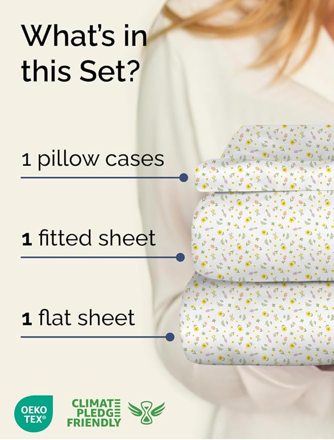 Floral Sheets - Flower Print Bed Sheet Set - 1 Flat, 1 Fitted & 1 Pillowcase w/ Deep Pockets - Comfy, Cozy, Wrinkle & Fade Free - Boho Botanical Bedding - Soft, Breathable & Cooling - Twin Size Set