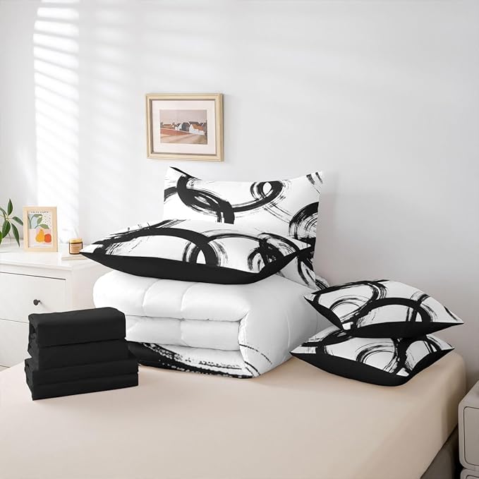Erosebridal Black and White 7 Pcs Comforter Set Twin Abstract Line Minimalist Ink Painting Bedding Set for Kids Boys Girls Simple Graffiti Art Modern Geometric Sheet Set Boho Cool Unique Mens Quilt