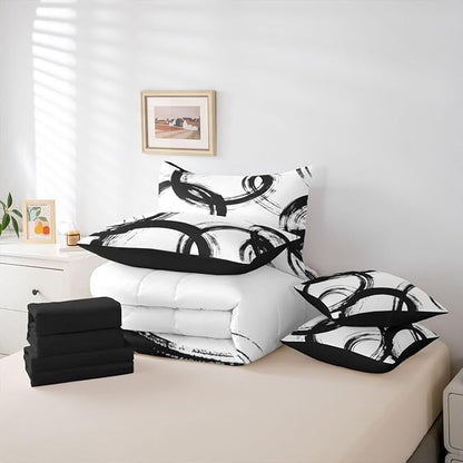 Erosebridal Black and White 7 Pcs Comforter Set Twin Abstract Line Minimalist Ink Painting Bedding Set for Kids Boys Girls Simple Graffiti Art Modern Geometric Sheet Set Boho Cool Unique Mens Quilt