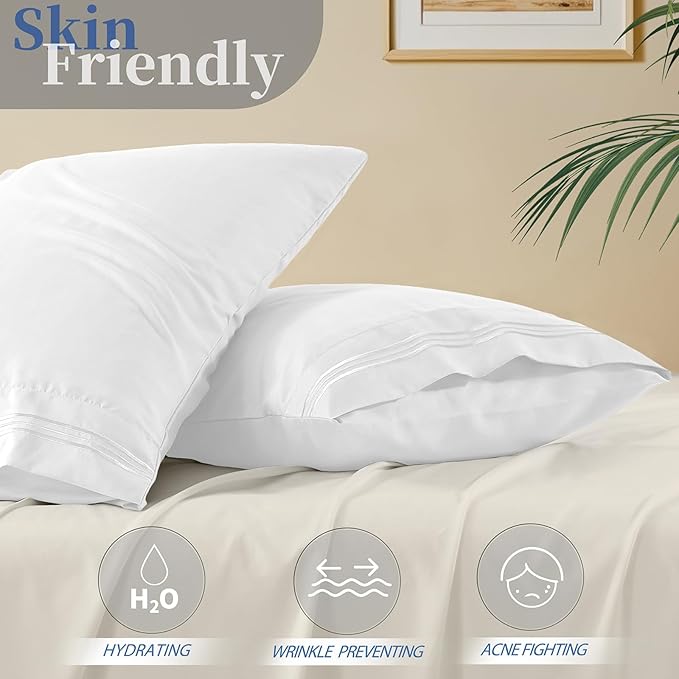 Vonty 2 Pack Standard Pillow Cases - 20x26 Inch, 1800 Thread Count Microfiber Pillowcases Standard Size White Pillow Cases Luxury & Soft Embroidered Bed Pillow Covers with Envelope Closure
