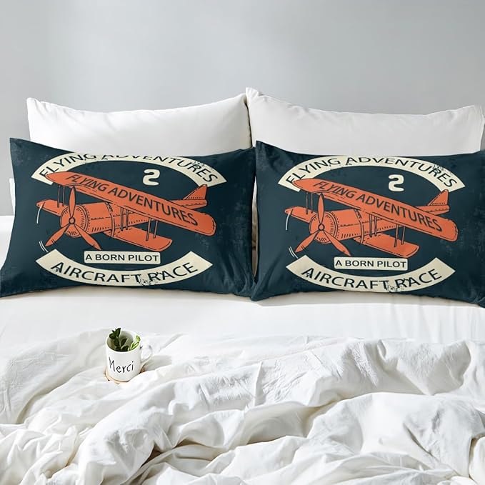 Castle Fairy Retro Aircraft Duvet Cover Twin Size,Vintage Airplane Orange Painting Bedding Set for Kids Teens,Flying Adventure Helicopter Comforter Cover Soft Quilt Cover Bedroom Decor,No Comforter