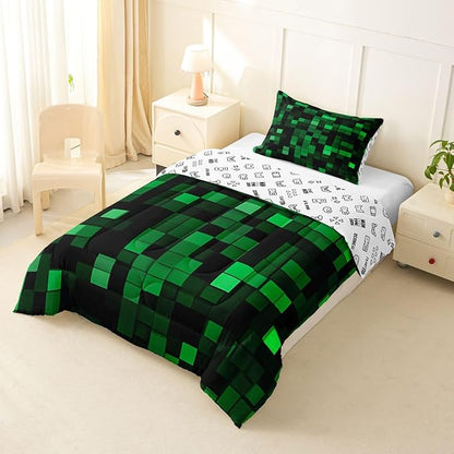 Pixelated Miners Game Kids Comforter Set Twin Size,Geometric Check Video Games Bedding Set Boys Room Decor,Gamepad Camo Grid Quilt Comforter,Black Green Duvet Set Bedroom Quilt Set,1 Pillowcase
