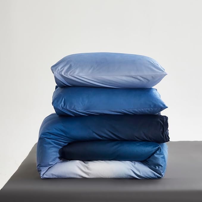 Cottonight Velvet Fluffy Comforter Full Blue Gradient Plush Flannel Bedding Set Women Men Thick Warm Winter Blanket Quilts Sherpa Micromink Ink Color Navy Blue Plush Fashion Bedding