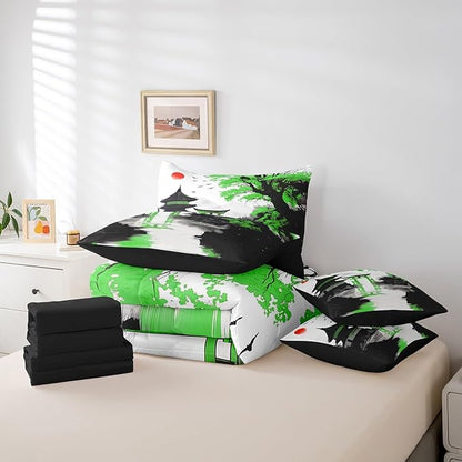 Erosebridal Japanese 7 Piece Bed in A Bag Queen Sun Cherry Blossom Comforter Set with Sheets Watercolor Black Green Pavilions Mountain Sakura Floral Bedding Set for Kids Adults Chinese Ink Bed Set