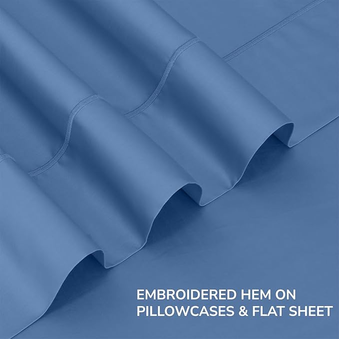 Feather & Stitch 500 TC California King Size 4pc Damask Bed Sheet Set, 100% Soft Cotton Breathable Bedsheets, 18" Deep Pockets Sateen Weave Striped Bedding Mattress - (Mist Blue)