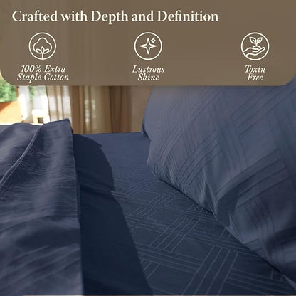 Threadmill California King Size Sheets | 800 Thread Count Jacquard Folkstone Blue | 4 Piece Striped Bed Sheets | Extra Long Staple Cotton Sheets | Luxury Damask Sheet with Elasticized Deep Pocket