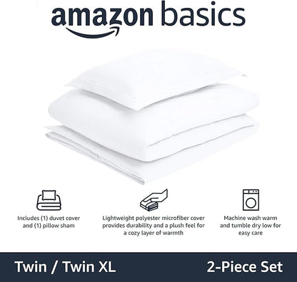 Amazon Basics Lightweight 2-Piece Microfiber Duvet Cover Set with Zipper Closure, Twin/Twin XL, Bright White