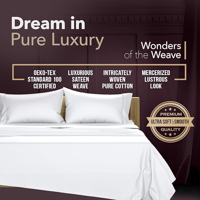 TEXAS LINEN CO. 100% Egyptian Cotton Sheets California King Size - 2000 Series Luxury Cal King Sheet Set, Soft & Cooling Sateen Weave, 17” Extra Deep Pocket Hotel Collection Sheets (4 Pc, White)