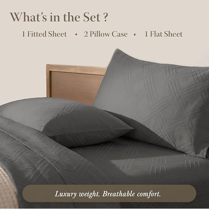 Threadmill Luxury 100% Cotton Full Bed-Sheets - 800 Thread Count Jacquard Celine Dark Grey, Better Than Egyptian Cotton,4 Pc Striped Bed Set, Damask Sheets with Elasticized Deep Pocket