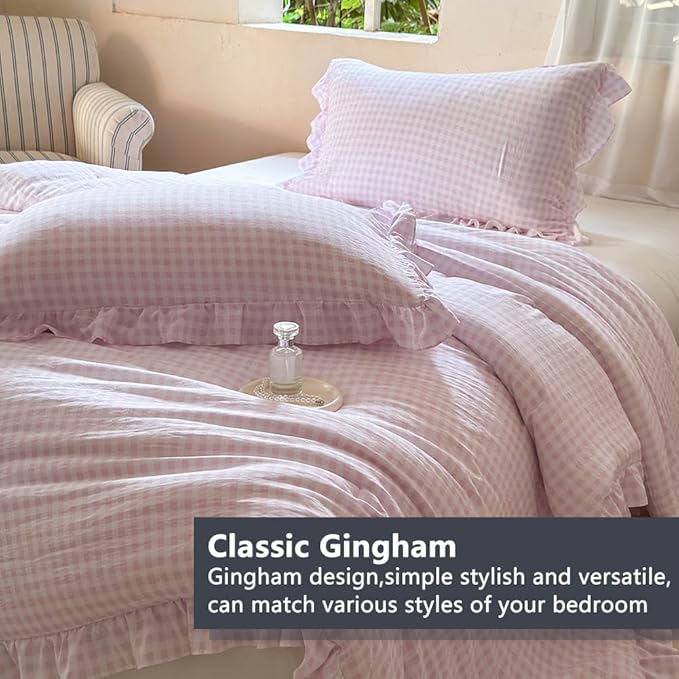 NSNLGSGC Pink Ruffle Gingham Comforter Set Twin, Pre-Washed Ruffled Plaid Checked Comforter Bedding, 2 Pieces Vintage Farmhouse Grid Bedding Set(Pink Gingham, Twin)