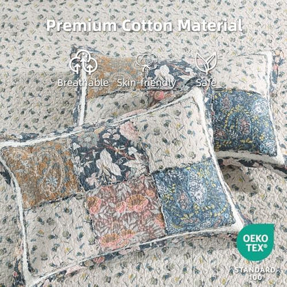 Yvooxny 3-Piece Quilt Set King Size Quilted Bedspread Reversible Country Style Blue Floral Paisley Real Patchwork Bedding Quilt Set with Ruffles with Pillowcases for All Seasons, 108 * 96 Inches
