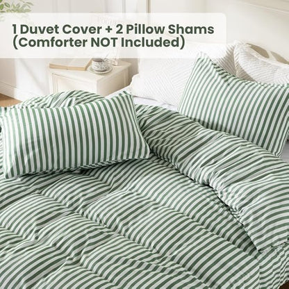 ROSE&RISY King Duvet Cover Set, 3 Pieces Soft Bedding Set, Breathable and Cooling,Includes 1 Duvet Cover, 2 Pillow Cases (Green Stripe, King)