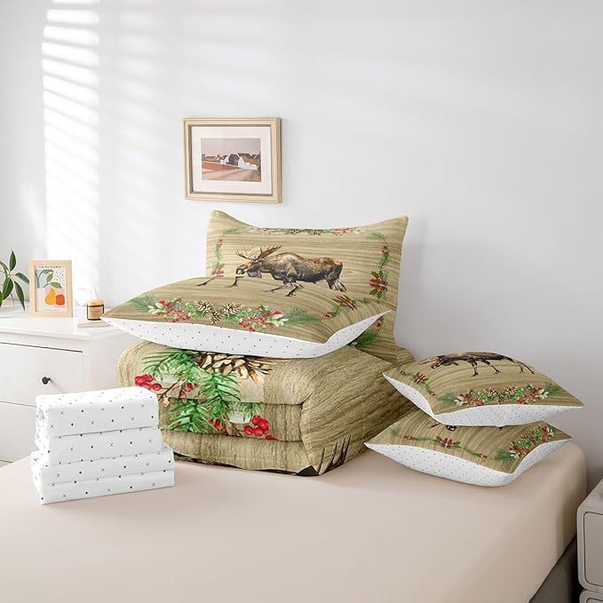 Moose Bed in a Bag King Size Comforter Set 7 Pieces,Woodland Animals Bedding Sets Reindeer Elk Deer Sheet Set with Comforter