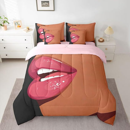 Erosebridal Black Girls Pink Comforter Sets 7 Piece for Kids African Black Women Twin Sheet Set Vogue Fashion Gorgeous Bedding Set for Girls Women Teens Minimalist Romantic Makeup Bed in A Bag