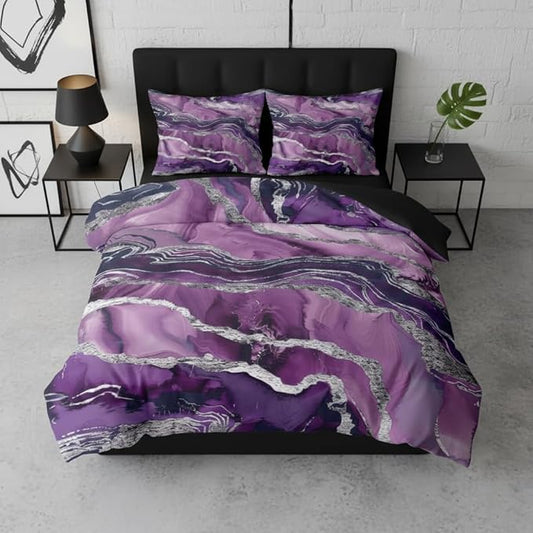 Purple Marble Comforter Set Queen Size, Abstract Black Purple Bedding Set with Silver Lines - 3Pcs Soft Lightweight Quilted Comforter for All Seasons,90"x90" | Aesthetic Pattern, Abstract Design, Soft Lightweight, All Seasons, Girls Women Adult
