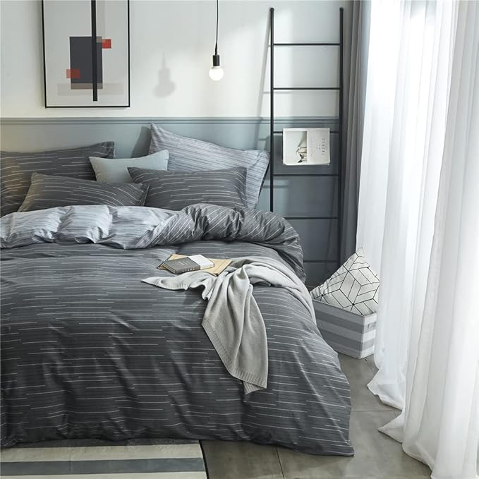 VM VOUGEMARKET Striped Comforter Set Queen,3 Pieces Blue Grey Stripes Comforter with 2 Pillowcases for Teen Boys Men Simple Modern Bedding Set (90"x90")