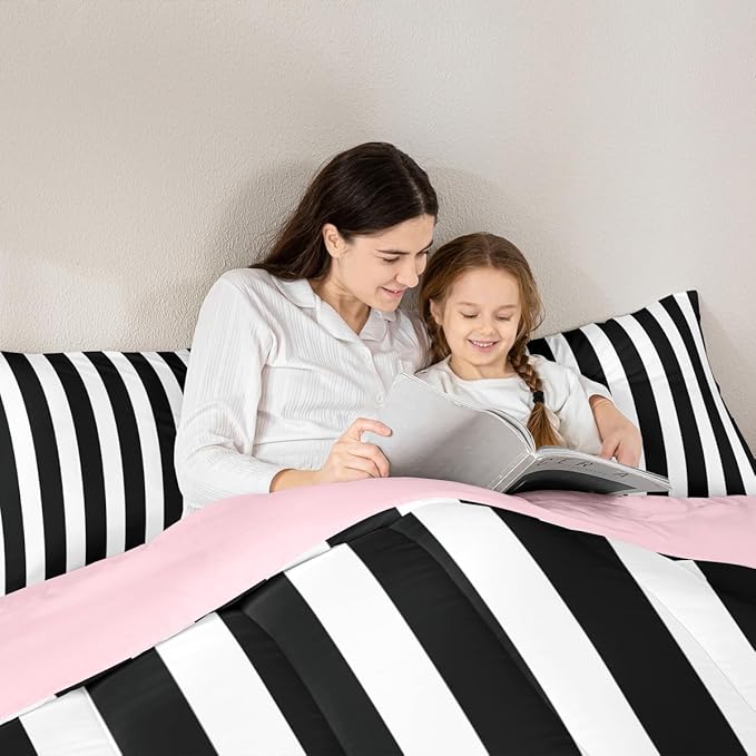 Erosebridal Black and White Striped Twin Comforter Set (Pink Reversible) | Striped Bedding Set Pink and Black Comforter Sets for Kids Teens Adults Cute Pinstripe Girls Bed Quilt Sets