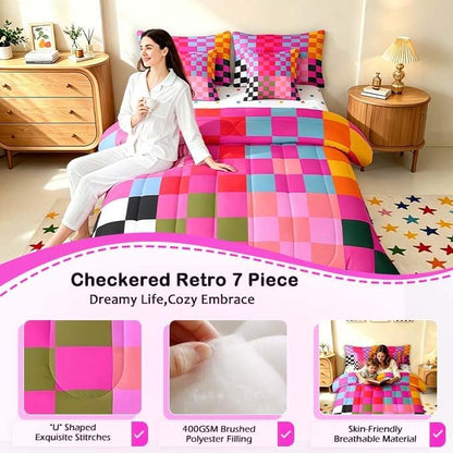 Feelyou Multicolored Checkered Retro 7 Piece Bedding Set Kids Boys Girls Geometric Vintage Comforter Set with Sheets Queen Size Black Red Purple Bed in a Bag Modern Simple Groovy Aesthetic Room Decor