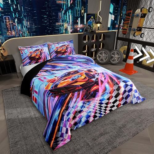 Erosebridal Orange Racing Car 3 Piece Bedding Set King Size Extreme Sport Comforter Set with Pillowcases for Kids Boys Girls Teens Toddler Race Car Room Decor Black White Flag Bed Set,Orange Blue