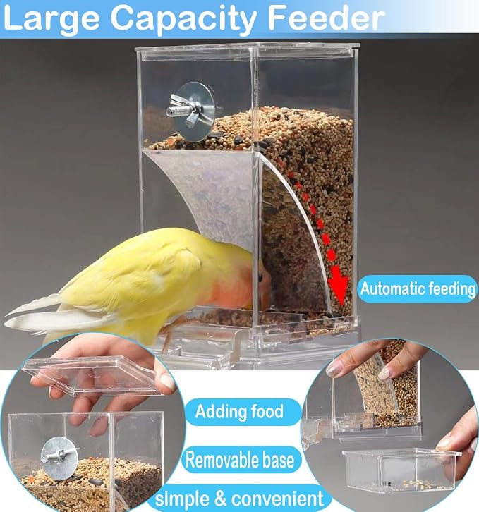 Bird Parrot Feeders, No Mess Automatic Cage Feeder Dispenser Food Container, Auto Bird Seed Bowl for Small Medium Birds, Cockatiel Canary Cockatoos Parakeet Conure Lovebird, Acrylic Clear (Feeder)