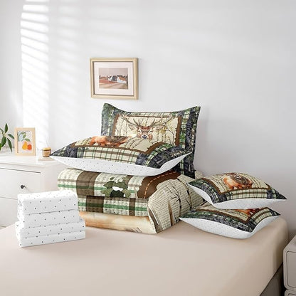 Erosebridal Elk Deer Bed in a Bag King Size Comforter Set 7 Pieces,Woodland Animals Bedding Sets Buffalo Plaid Sheet Set with Comforter