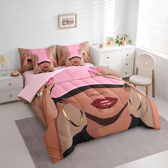 Erosebridal Black Girls Queen 7 Piece Bedding Set Fashion Black Woman Comforter Sets for Kids Vogue Fashionable Gorgeous Sheet Set African Princess Magical Bed in A Bag with Flat and Fitted Sheet
