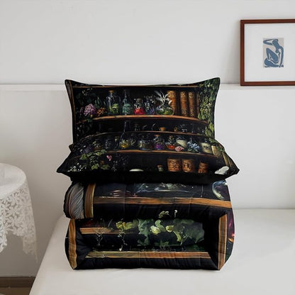 Sugar Skull Comforter Set King Size,Retro Wooden Bookshelf Bedding Set 3Pcs for Kids Teens Girls Boys Room Decor,Magical Gothic Style Quilted Duvet Boho Floral Down Comforter,2 Pillowcases