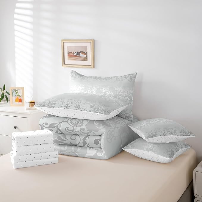 Erosebridal Gothic Damask Bed in a Bag King Size Comforter Set 7 Pieces,Butterfly Skull Bedding Sets Silver White Victorian Floral Goth Sheet Set with Comforter