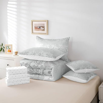Erosebridal Gothic Damask Bed in a Bag King Size Comforter Set 7 Pieces,Butterfly Skull Bedding Sets Silver White Victorian Floral Goth Sheet Set with Comforter