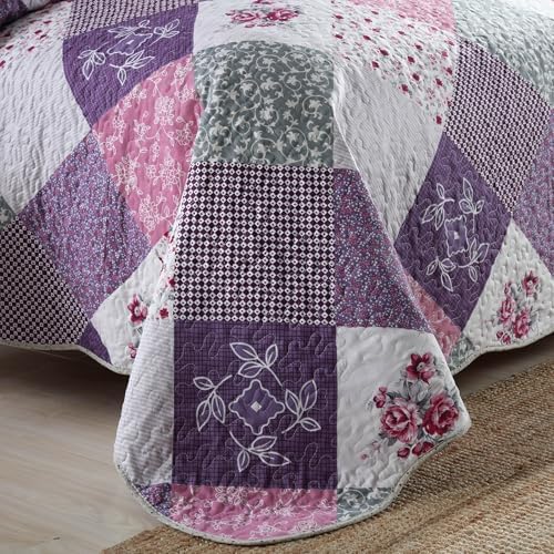 HoneiLife Quilt Set Queen Size - 3 Piece Microfiber Reversible Bedspreads Patchwork Coverlets Floral Bedding Set All Season Quilts with Geometric and Little Rose Print Pattern