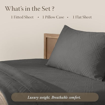 Threadmill Twin Bed-Sheets - 800 Thread Count Jacquard Celine Dark Grey, 100% Natural Cotton 3 Piece Striped Bed Set, Extra Long Staple Cotton, Comfy Damask Sheets with Elasticized Deep Pocket