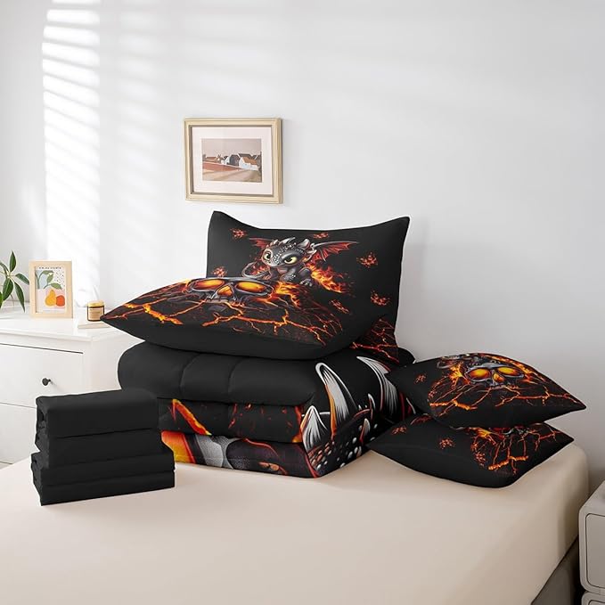 Black Cartoon Dragon Butterfly Comforter Set,Gothic Sugar Skull 7 Piece Bed Set King Size for Kids,Happy Halloween Bed in a Bag Bedding Set with Comforter,Sheet Set,Pillowcases,Pillow Covers