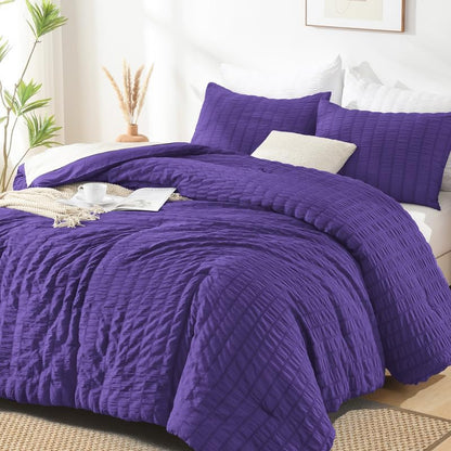 AveLom Dark Purple Seersucker King Comforter Set (104x90 inches), 3 Pieces-100% Soft Washed Microfiber Lightweight Comforter with 2 Pillowcases, All Season Down Alternative Comforter Set for Bedding