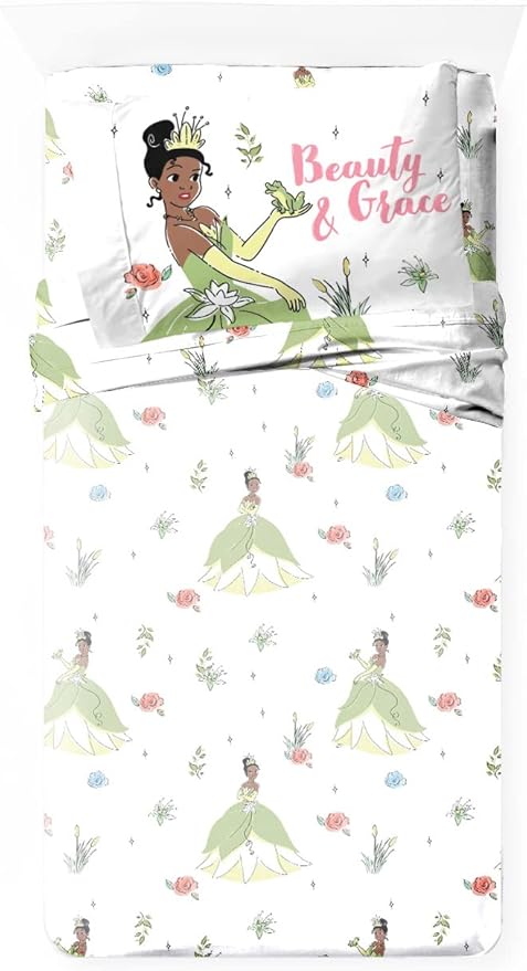 Jay Franco Kids Sheet Cartoon Set with Fitted, Flat Sheets & Pillow Cover - Ultra-Soft Bedding with Pillowcase for Room Decor, White - Tiana, 3 Piece Twin