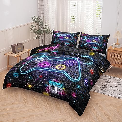 MWMWMW 5 Pcs Gaming Comforter Sets for Boys, Gamer Bedding Sets Twin for Kids, Twin Size Comforter Set for Boys Kids with 1 Comforter, 1 Flat Sheet, 1 Fitted Sheet and 2 Pillowcases