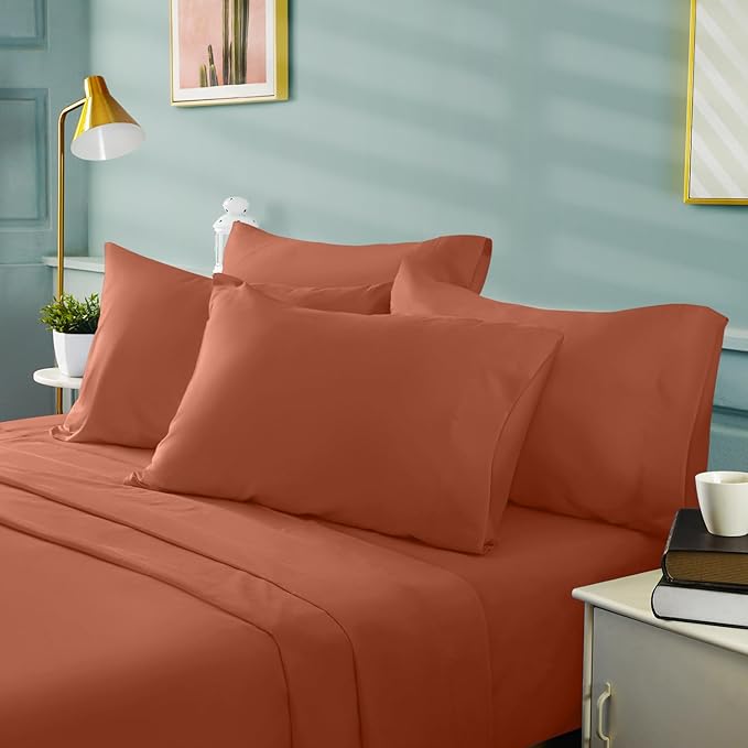 BYSURE 6 Pieces Bed Sheets Set(Full, Terracotta) - Hotel Luxury Super Soft 1800 Thread Count 100% Microfiber Sheets with Deep Pockets, Wrinkle & Fade Resistant