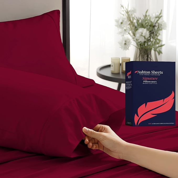 Ashton Sheets 100% Egyptian Cotton Pillow Cases King Size Set of 2 - Luxury 1200 Thread Count Sateen Weave Burgundy Pillow Covers, Silky Soft Extra Long Staple Pillowcases, Fits King Size Pillows