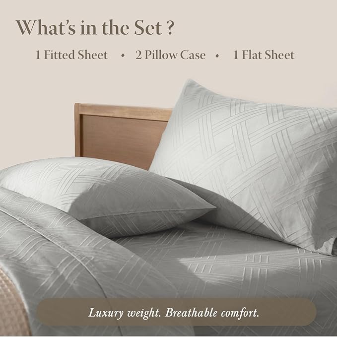 Threadmill Queen Sheet Set for Queen Mattresses | 800 Thread Count Jacquard Celine Light Grey | Better Than Egyptian Cotton | 4 Pc Bed Sheets | Elasticized Deep Pocket | 100% Cotton Queen Sheets