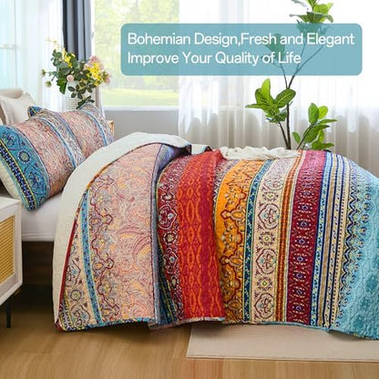 WONGS BEDDING Boho Quilt Queen Size,3 Pieces Soft Blue Stripe Bedding Set