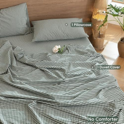 MooMee Gingham Duvet Cover Set 100% Washed Cotton Linen Like