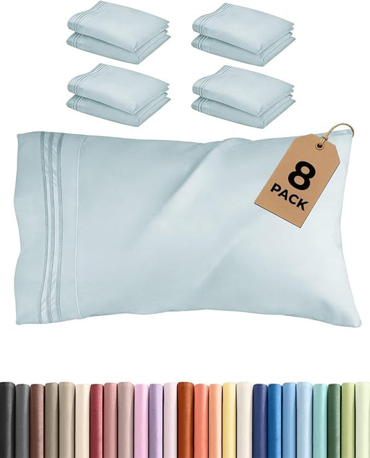 King Pillow Cases Set of 8 - Ultra Soft Hotel Quality Pillowcase Covers - Comfy & Wrinkle Free - Shrink, Stain & Fade Resistant - Easy-Care, Machine Washable Pillow Protectors - 8 Piece Set - Ice Blue