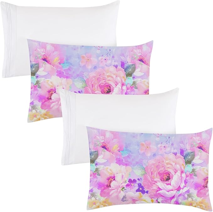 YIYEA Pillow Cases Queen Size Set of 4, Ultra Soft 1800TC Hotel Quality Double Brushed Microfiber Embroidered Pillowcases and Floral Pillow Covers, Envelope Closure, Fade Resistant (20"x30")