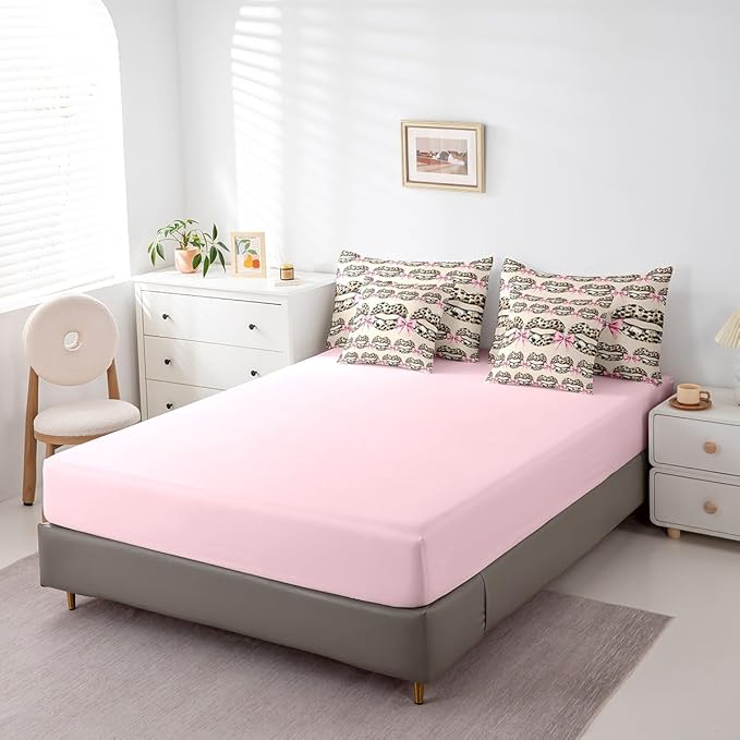 jejeloiu Leopard Kiss Lips Bedding Set 7Pcs Twin Size Kids Pink Bow Comforter Set with Sheets for Boys Girls Vintage Bed in a Bag Soft Lightweight,Microfiber